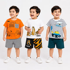 Construction Vehicle, Tiger & Speed Boat Premium Cotton Co-Ord Set for Toddler Boys (Pack of 3)