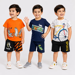 Tiger, Little Dino & Sports Bicycle Premium Cotton Co-Ord Set for Toddler Boys (Pack of 3)