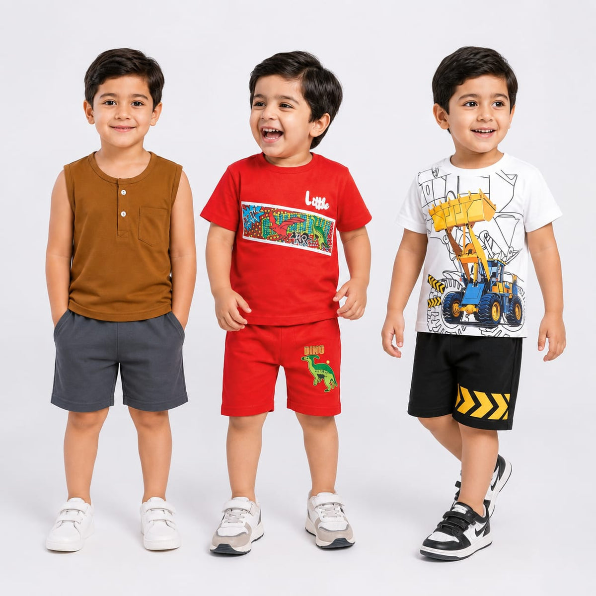 Brown Henley, Little Dino & Construction Loader Premium Cotton Co-Ord Set for Toddler Boys (Pack of 3)