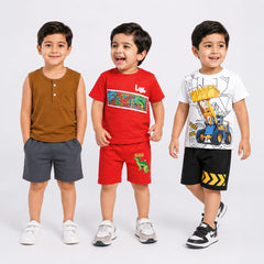 Brown Henley, Little Dino & Construction Loader Premium Cotton Co-Ord Set for Toddler Boys (Pack of 3)