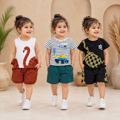 Flamingo , Tank & Black Geo Print Premium Cotton Co-Ord Set for Toddler Girls (Pack of 3)