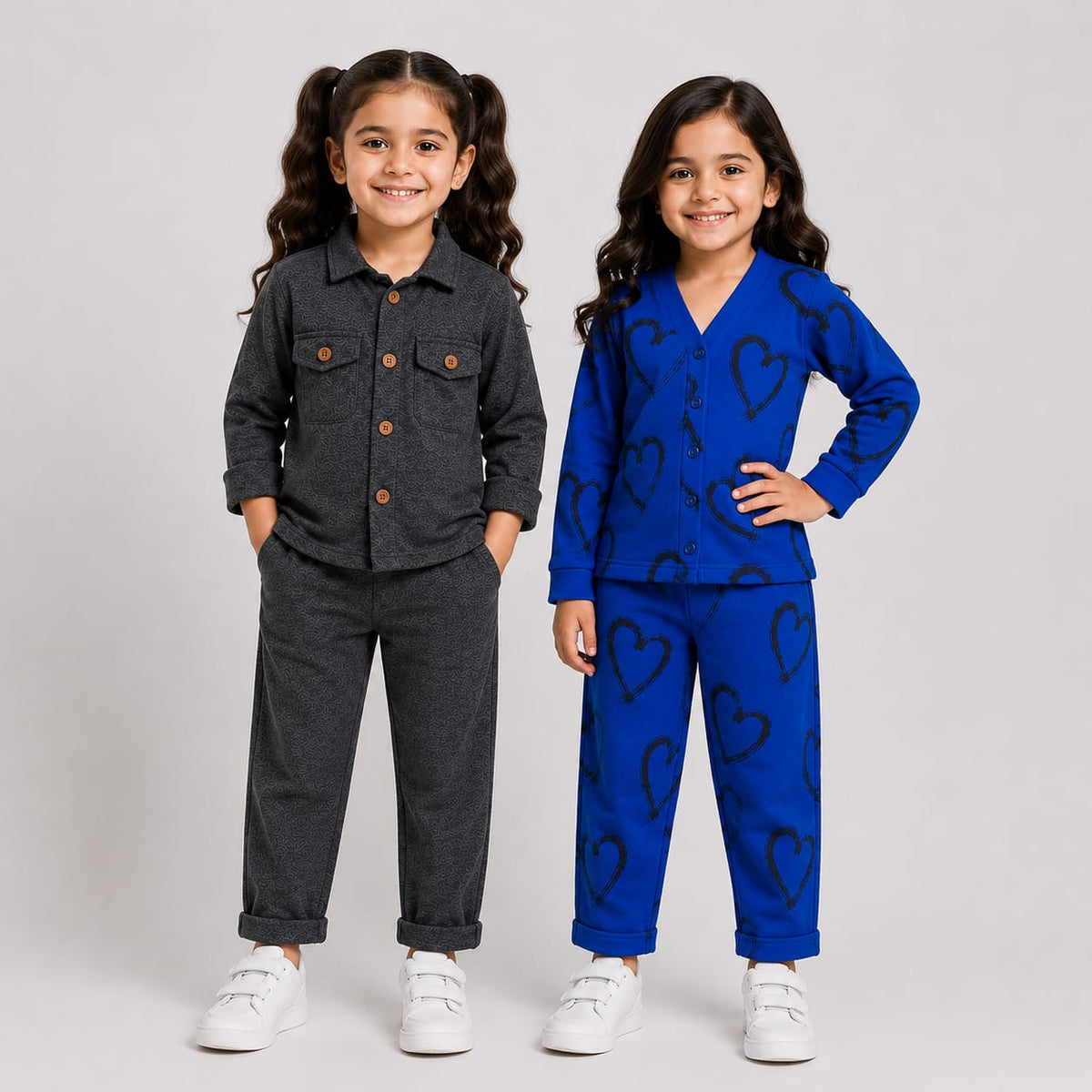 Charcol Full Sleeves Shirt  + V Neck Double Blue Heart  (Pack of 2)