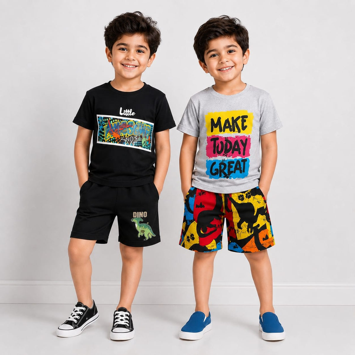 Grey Make Today Great + Black Dino  Short Set  (Pack of 2)