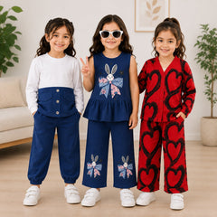 Bunny Print, Heart & Pocket Style Girls Co-Ord Set – Pack of Three