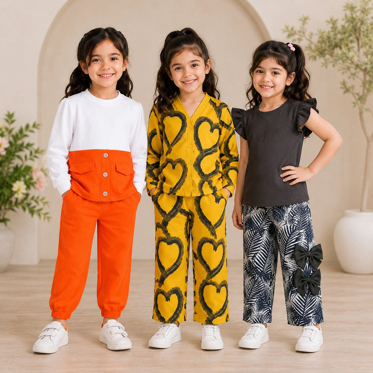 Heart Print, Bunny & Zebra Girls Co-Ord Set – Pack of Three