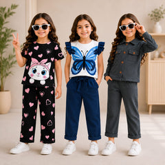 Kitty, Butterfly & Denim Style Girls Co-Ord Set – Pack of Three