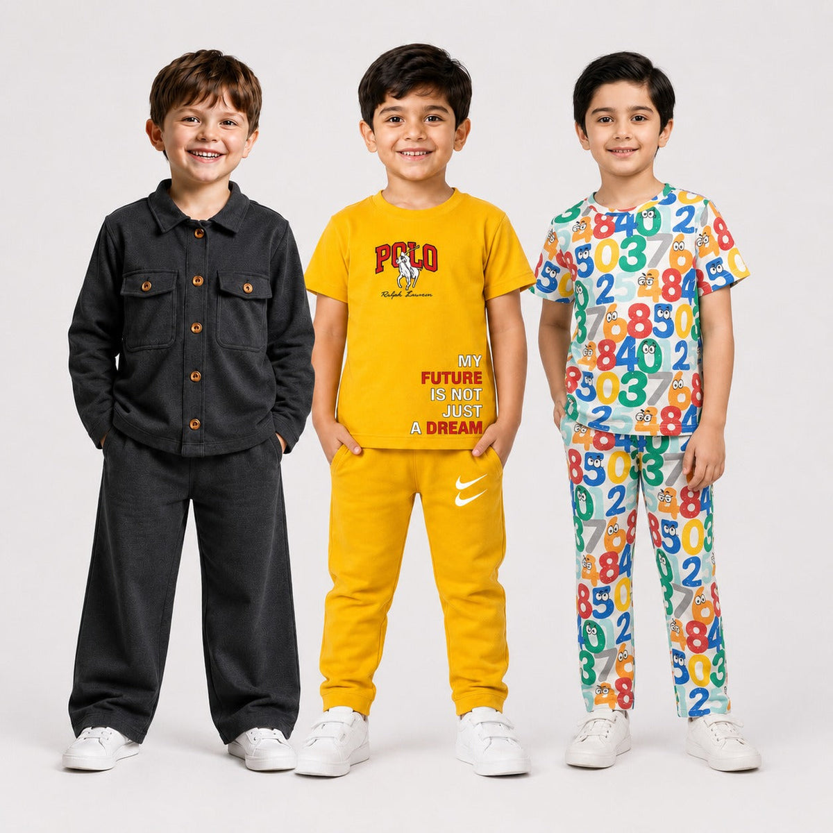 Polo, Dinosaur & Number Print Boys Co-Ord Set – Pack of Three