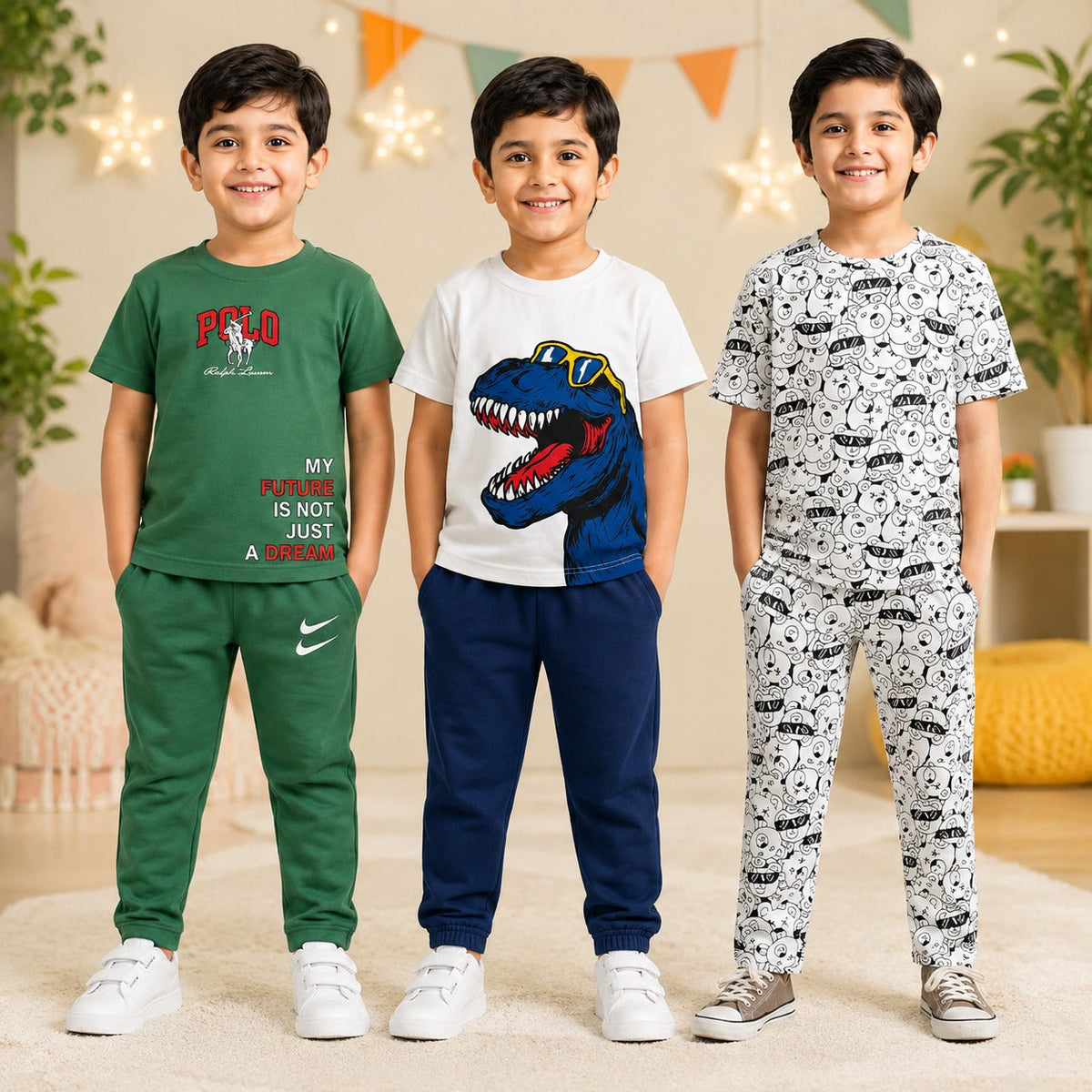 Polo, Dinosaur & Cartoon Print Boys Co-Ord Set – Pack of Three