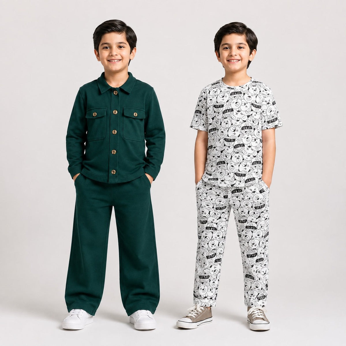 Dark Green Button Front Jacket Set & White Cartoon Printed T-Shirt Set for Boys (Pack of 2)