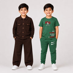 Brown Button Front Jacket Set & Green Polo Dream T-Shirt Co-Ord Set for Boys (Pack of 2)