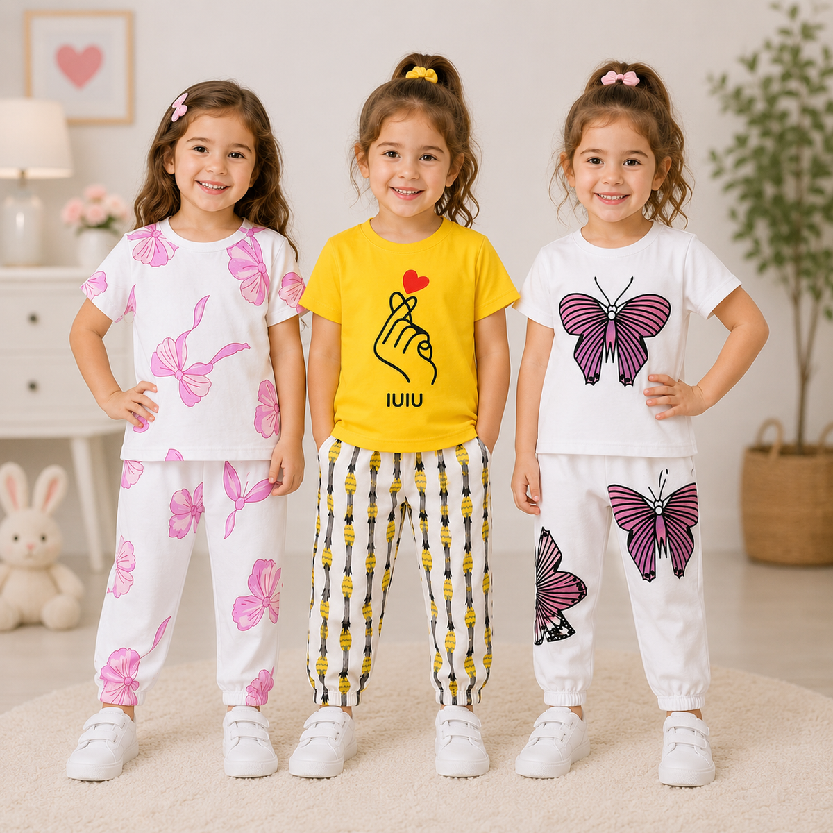 Floral, Finger Heart & Butterfly Girls T-Shirt & Trouser Set – Pack of 3
