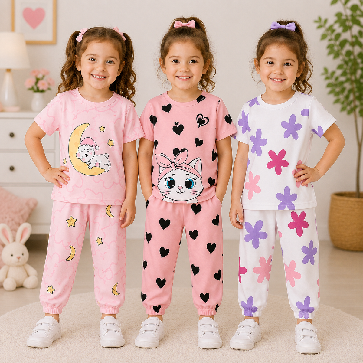 Moon Kitty, Heart Kitty & Floral T-Shirt Trouser Set – Pack of 3 for Girls