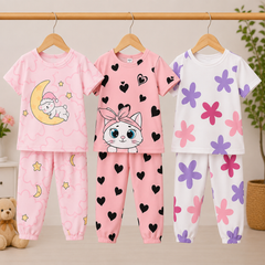 Moon Kitty, Heart Kitty & Floral T-Shirt Trouser Set – Pack of 3 for Girls