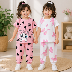 Pink Kitty & White Butterfly Night Suit  Pack of 2