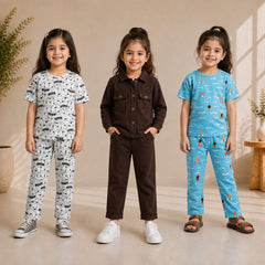Cartoon, Brown Casual & Blue Summer Girls’ Co-Ord Set – Pack of 3