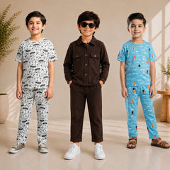 Cartoon, Brown Casual & Blue Summer Boys’ Co-Ord Set – Pack of 3